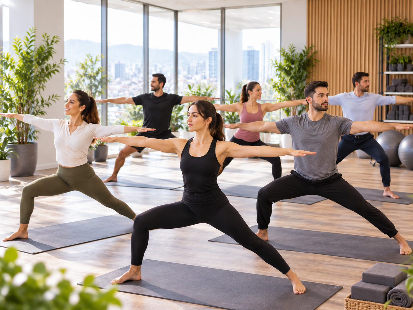 Colaboradores practicando yoga en un espacio corporativo