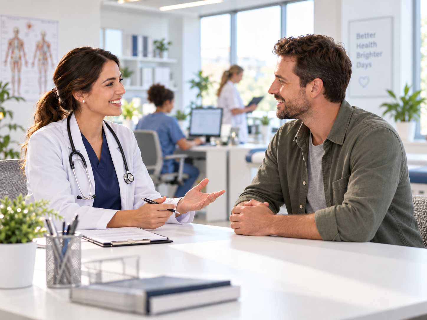 Médica conversando con un paciente en una consulta de salud preventiva